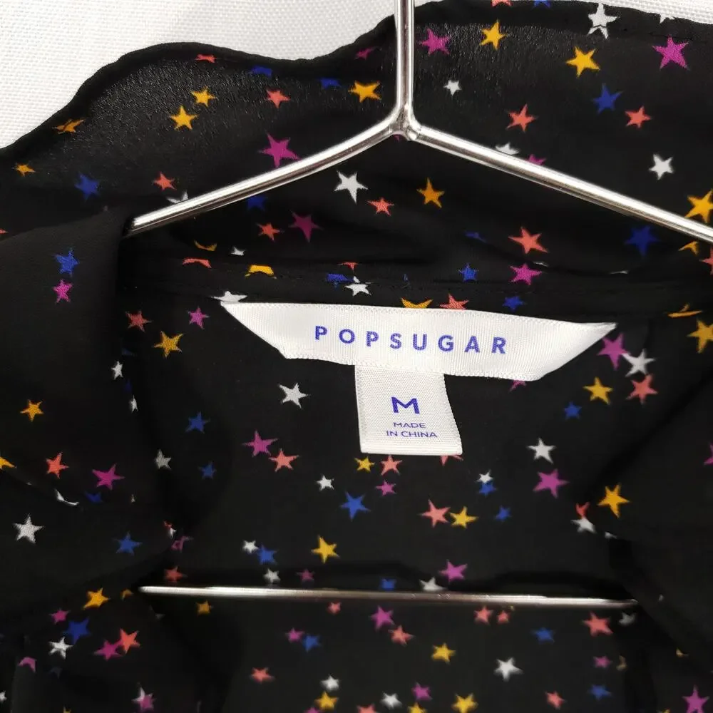 Popsugar Wrap Dress Womens Medium Black Multicolor‎ Stars Ruffle Neck Lined Mini